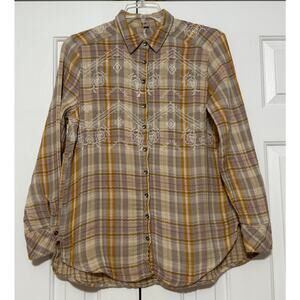 Free People Plaid Embroidered Button Up Shirt, Size M